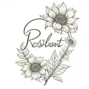  "resilient" in cursive written outside a broken heart, with vibrant sunflowers emerging from it tattoo design idea