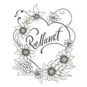  "resilient" in cursive written outside a broken heart, with vibrant sunflowers emerging from it tattoo design idea