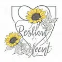  "resilient" in cursive written outside a broken heart, with vibrant sunflowers emerging from it tattoo design idea