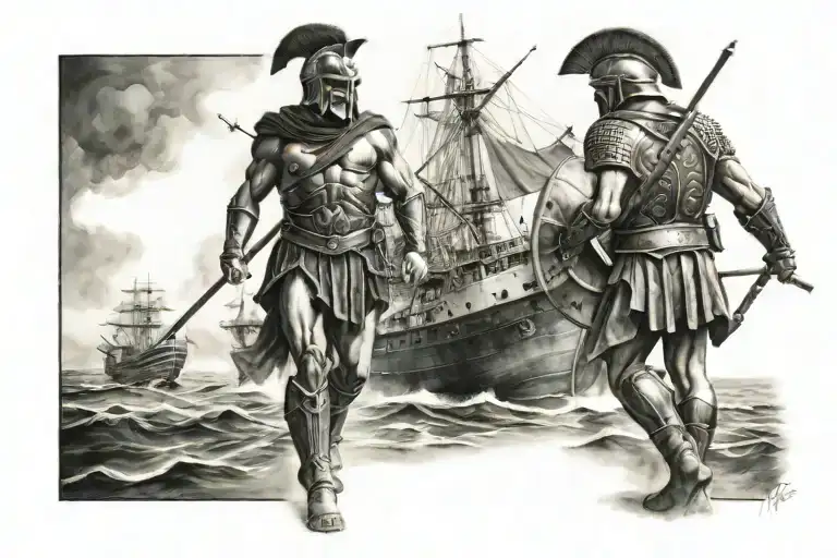 A ship and a spartan soldier tattoo design idea