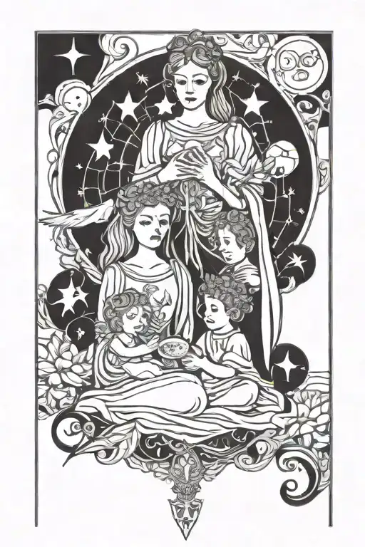 tarot card mother and 3 childdren tattoo design idea