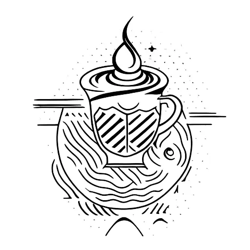 A steaming cup of coffee with a magical Hogwarts castle emerging from the foam tattoo design idea