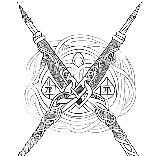 A wand with intricate Harry Potter symbols entwined around it tattoo design idea