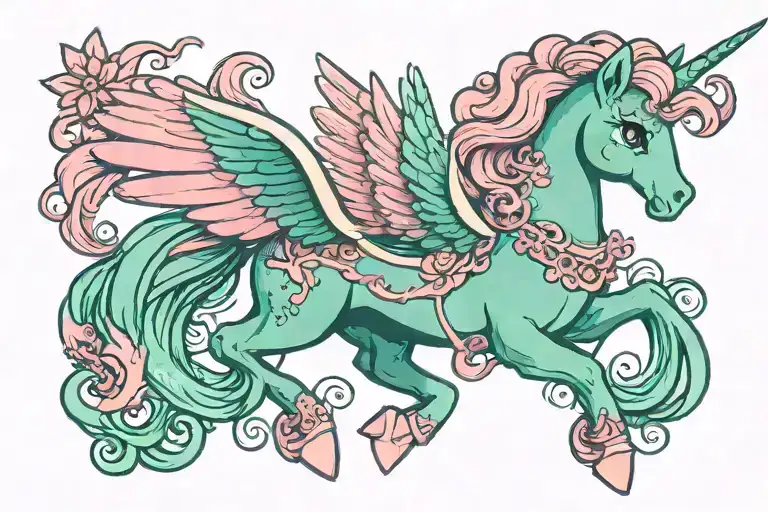 vintage my little pony pegasus flying with pink body. Mane and tail are pink, teal and green. tattoo design idea