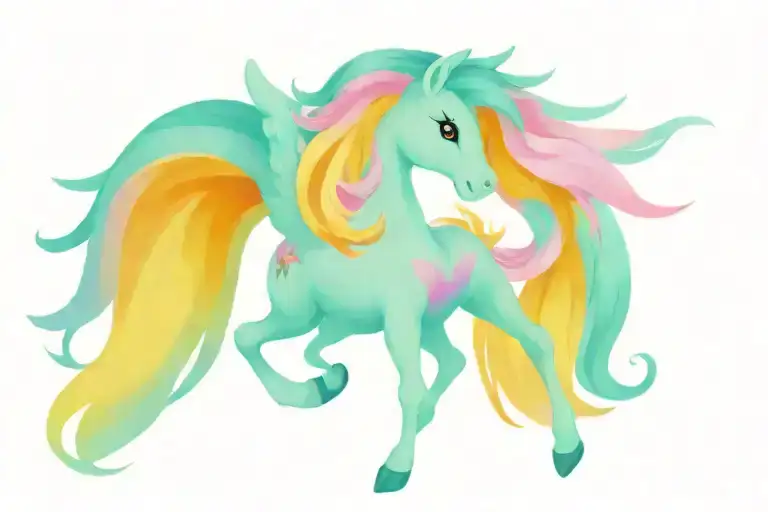 vintage my little pony pegasus flying with pink body. Mane and tail are pink, teal and green. tattoo design idea
