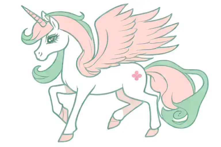 vintage my little pony pegasus flying with pink body. Mane and tail are pink, teal and green. tattoo design idea