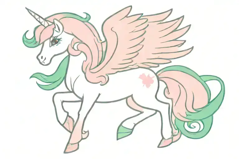 vintage my little pony pegasus flying with pink body. Mane and tail are pink, teal and green. tattoo design idea