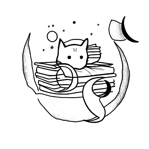 A minimalist tattoo of a cat sitting on top of a stack of books, with a crescent moon in the background. tattoo design idea