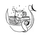 A minimalist tattoo of a cat sitting on top of a stack of books, with a crescent moon in the background. tattoo design idea