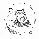 A minimalist tattoo of a cat sitting on top of a stack of books, with a crescent moon in the background. tattoo design idea