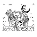 A minimalist tattoo of a cat sitting on top of a stack of books, with a crescent moon in the background. tattoo design idea