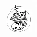 A minimalist tattoo of a cat sitting on top of a stack of books, with a crescent moon in the background. tattoo design idea