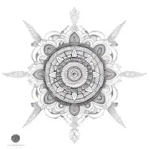 /imagine blackwork style tattoo design of a large-scale mandala design that incorporates intricate patterns and geometri tattoo design idea