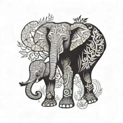 Elephant adorned with intricate forest patterns and foliage tattoo design idea