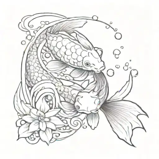 Create a tattoo of a koi fish practicing kungfu moves underwater surrounded by comic book style sound effects tattoo design idea