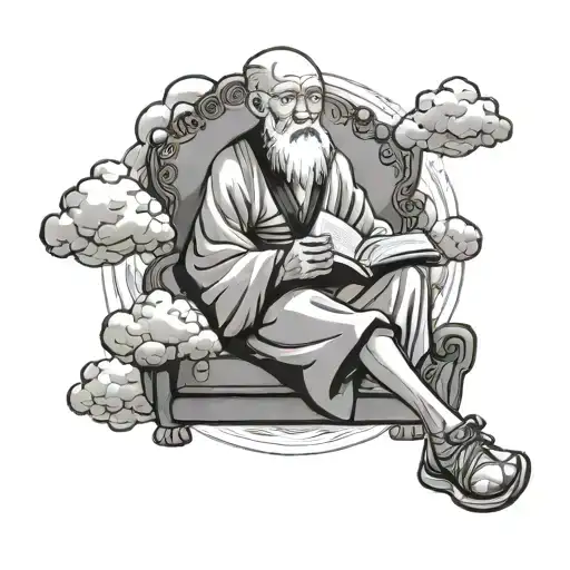Incorporate a comic book style portrait of Lao Tzu reading a book on a cloud with kungfu poses in the background tattoo design idea