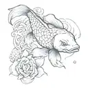 Create a tattoo of a koi fish practicing kungfu moves underwater surrounded by comic book style sound effects tattoo design idea