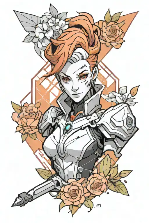 Bust portrait of Moira O'Deorain from Overwatch 2 with a geometric and floral background tattoo design idea
