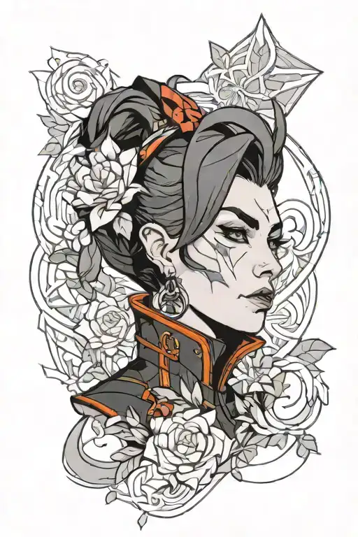 Bust portrait of Moira O'Deorain from Overwatch 2 in her Blackwatch skin with a geometric and floral background tattoo design idea