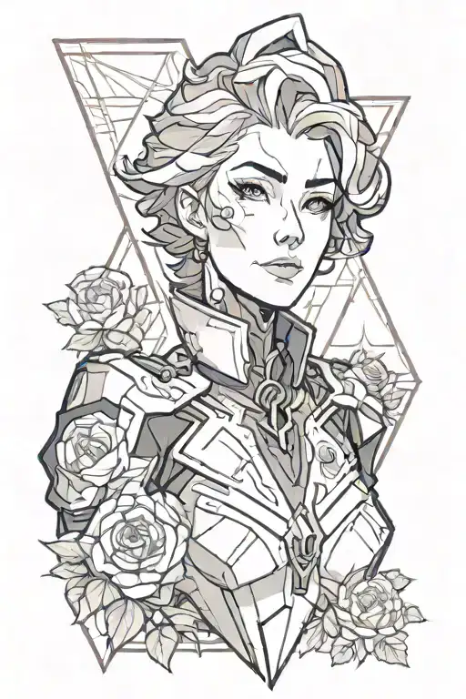 Bust portrait of Moira O'Deorain from Overwatch 2 with a geometric and floral background tattoo design idea