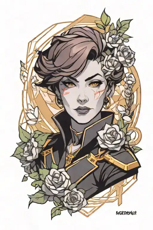 Bust portrait of Moira O'Deorain from Overwatch 2 with a geometric and floral background tattoo design idea