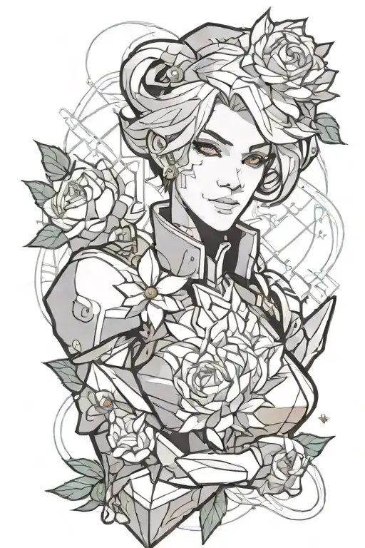 Bust portrait of Moira O'Deorain from Overwatch 2 with a geometric and floral background tattoo design idea