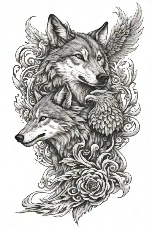 wolf and Phoenix birleştirme tehdit tattoo design idea