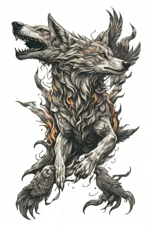 wolf, Phoenix flies and rises from the ashes tattoo design idea