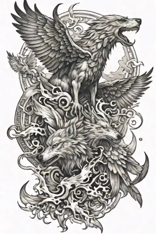 wolf and phoenix fly and rise from the ashes tattoo design idea