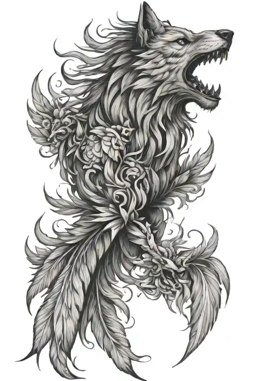 Phoenix Feathers Transforming and Angry Wolf tattoo design idea