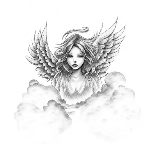 Clouds with falling angel tattoo design idea