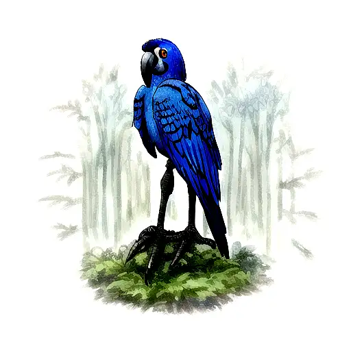Hyacinth macaw Blue with forest around it tattoo design idea