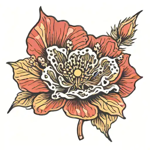 make me a poppy tattoo with the color red and the word evidence in japanese. this tattoo is spread over 2 c tattoo design idea