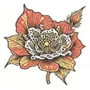 make me a poppy tattoo with the color red and the word evidence in japanese. this tattoo is spread over 2 c tattoo design idea