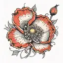 make me a poppy tattoo with the color red and the word evidence in japanese. this tattoo is spread over 2 c tattoo design idea