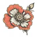 make me a poppy tattoo with the color red and the word evidence in japanese. this tattoo is spread over 2 c tattoo design idea