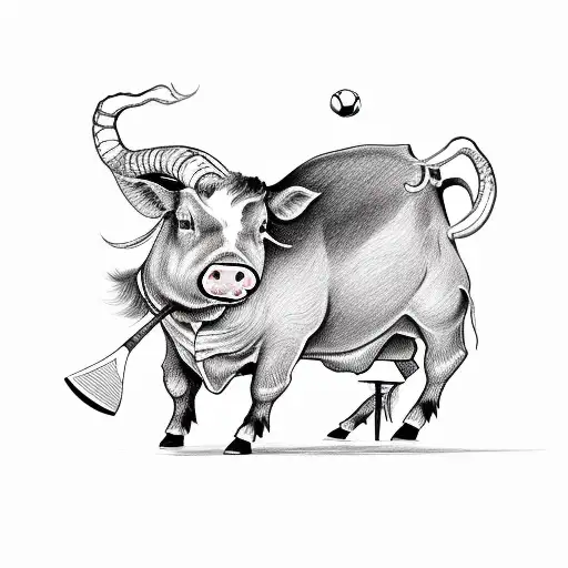 A sketch-style tattoo of a cow, pig, and goat playing cricket together tattoo design idea