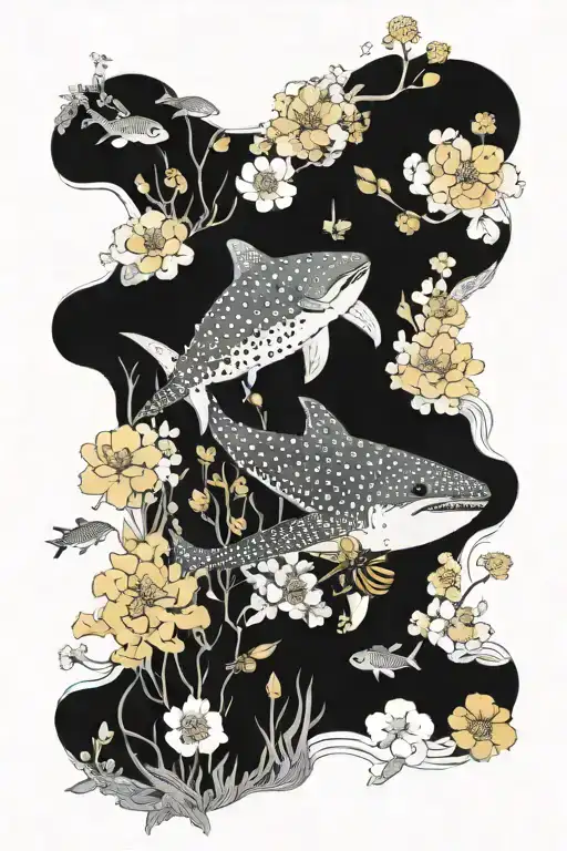 A serene underwater scene with a whale shark surrounded by honeybees and carnation flowers, symbolizing the beauty and interconnectedness of ocean life and nature tattoo design idea