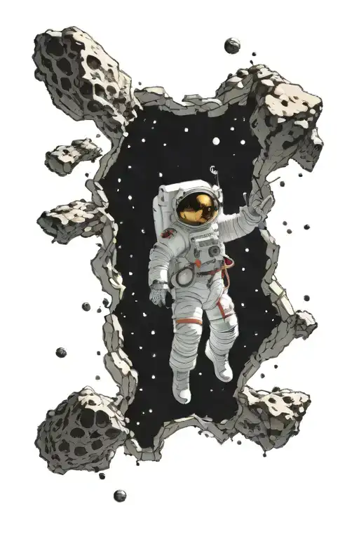 astronaut floating in space with an explosion between his hands, surrounded by an asteroid belt. tattoo design idea