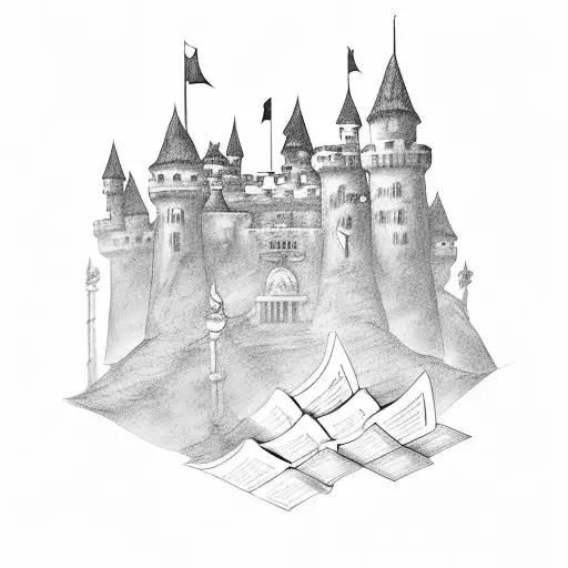 A stack of books forming a castle in the background tattoo design idea