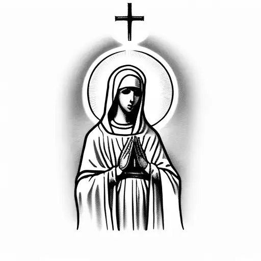 Virgin Mary praying and looking upward, holding a Christian cross in her hand tattoo design idea