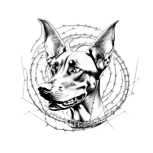 A powerful Doberman dog sprinting alongside an athlete, with a trail of roses and barbed wire behind them tattoo design idea