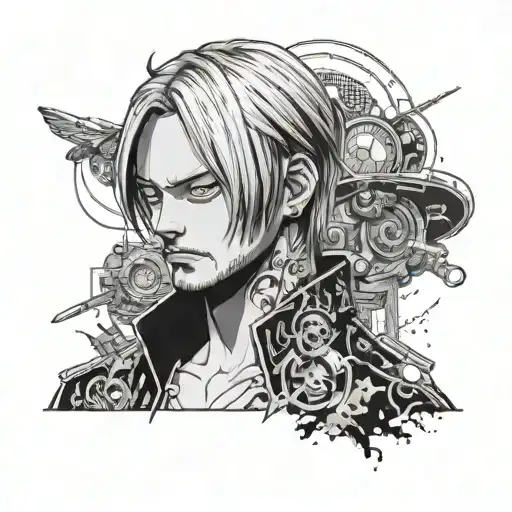 A portrait of Sanji from One Piece in a cyberpunk setting, with elements of gaming incorporated into the background tattoo design idea