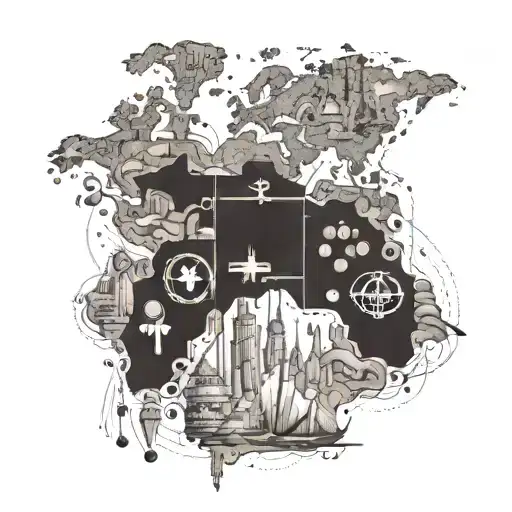 A world map made up of various landmarks from places traveled, with a gaming controller hidden somewhere in the design tattoo design idea