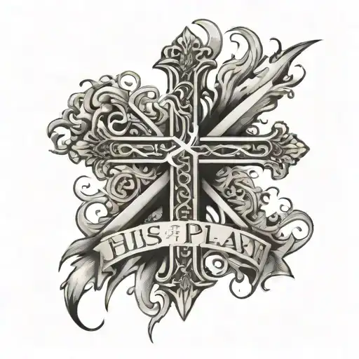 Cross with the words his plan in the middle surrounded tattoo design idea