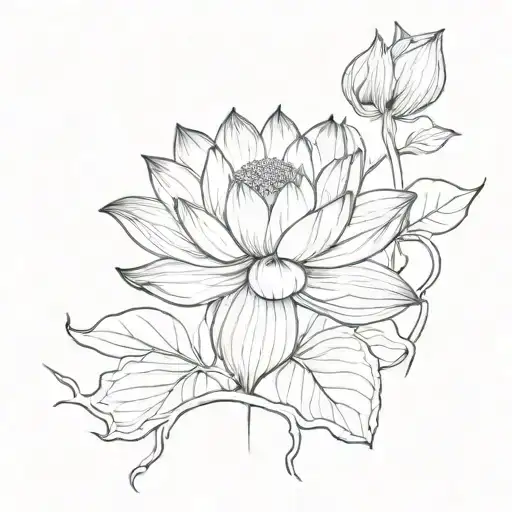 Sketch of a lotus flower with roots reaching deep into the ground, symbolizing inner strength and grounding tattoo design idea