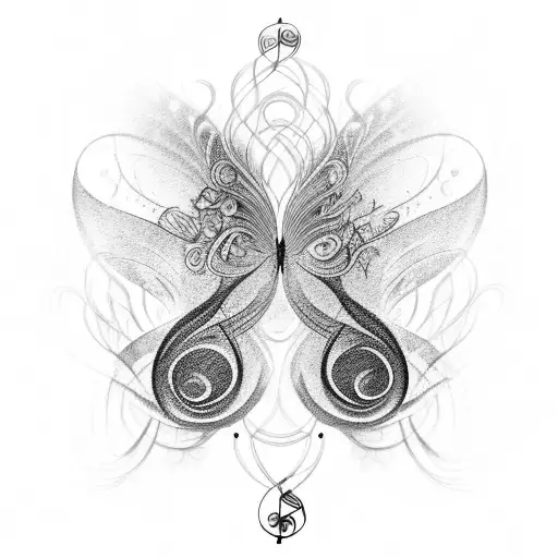 An intricate black-grey tattoo of musical notes transforming into magical butterflies at sunset tattoo design idea