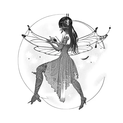 A silhouette of a fairy sitting on a crescent moon, surrounded by musical instruments tattoo design idea