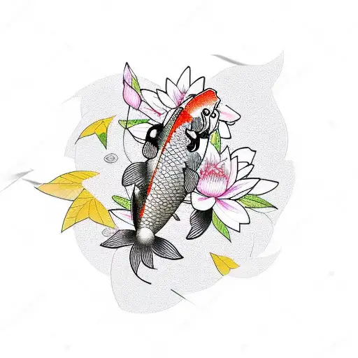 Koi carp tattoo with Japanese maple flowers, cherry blossoms, lotus flowers and peony flower tattoo design idea