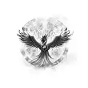A phoenix rising from flames with a background of financial charts tattoo design idea